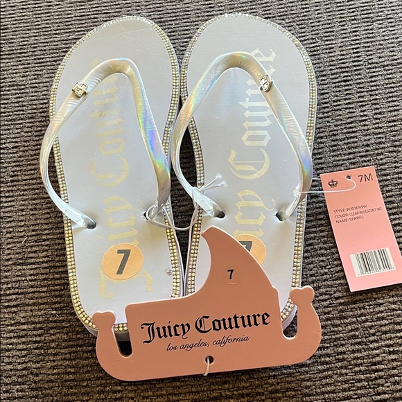 Juicy Couture Shoes - Juicy Couture Iridescent Rhinestone Silver Flip Flops